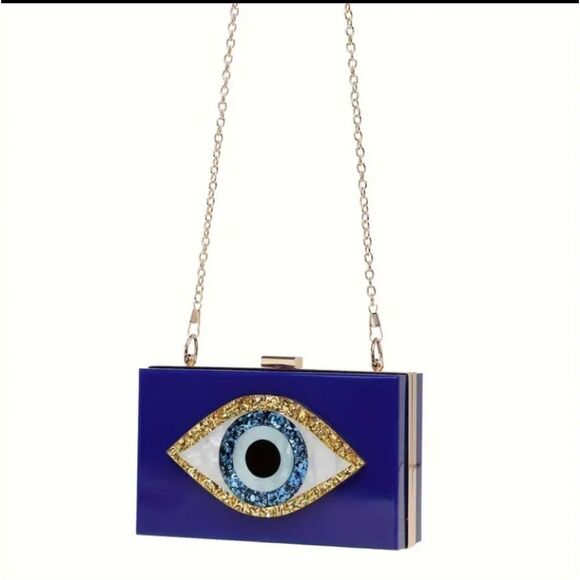 Blue Evil Eye Hard Shell Clutch Bag Chain - Picture 6 of 8